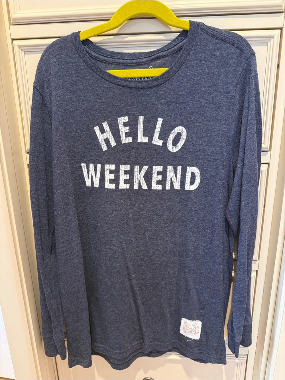 Boys SZ L RETRO BRAND Hello Weekend Navy Blue Long Sleeve Tee